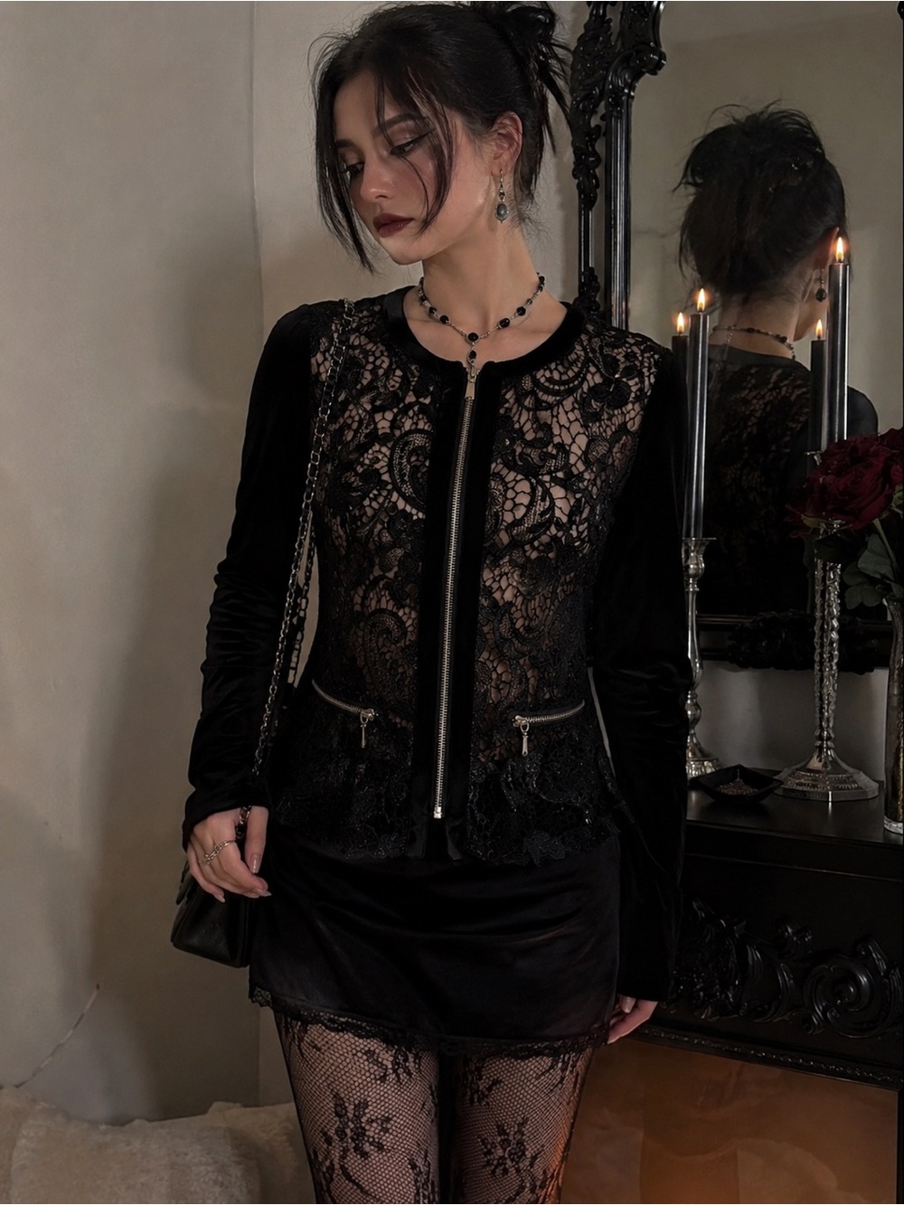 INC International Concepts Black Lace Zip-Front Blazer